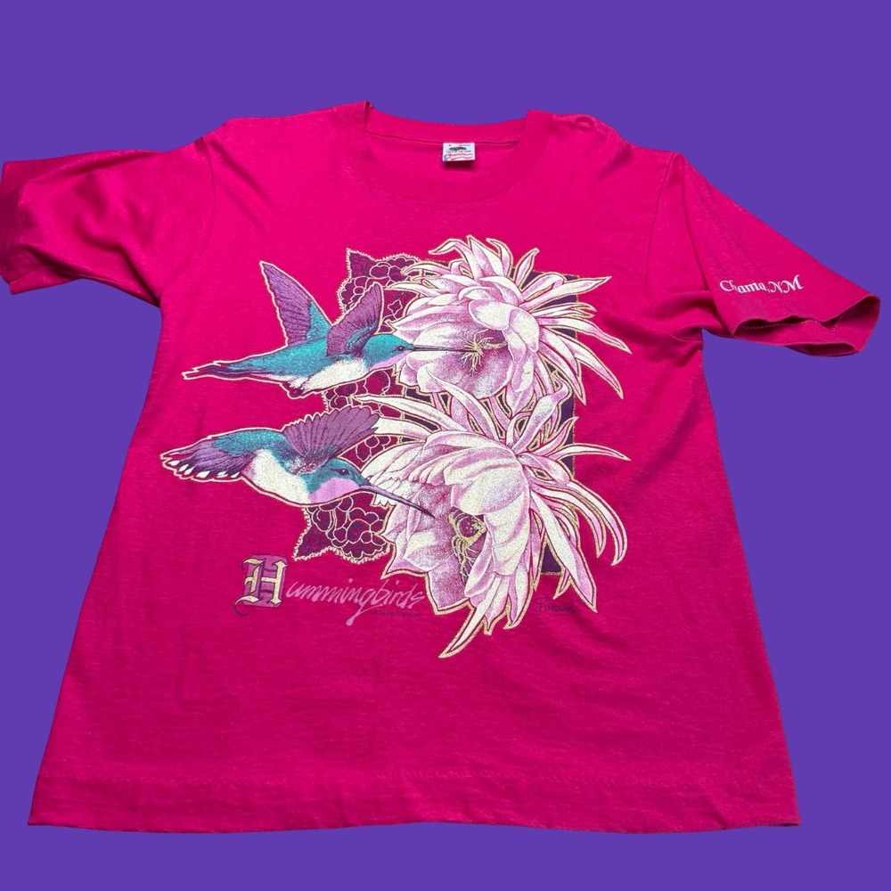 Vintage Chama New Mexico Hummingbird T Shirt Small Floral Made USA Pink